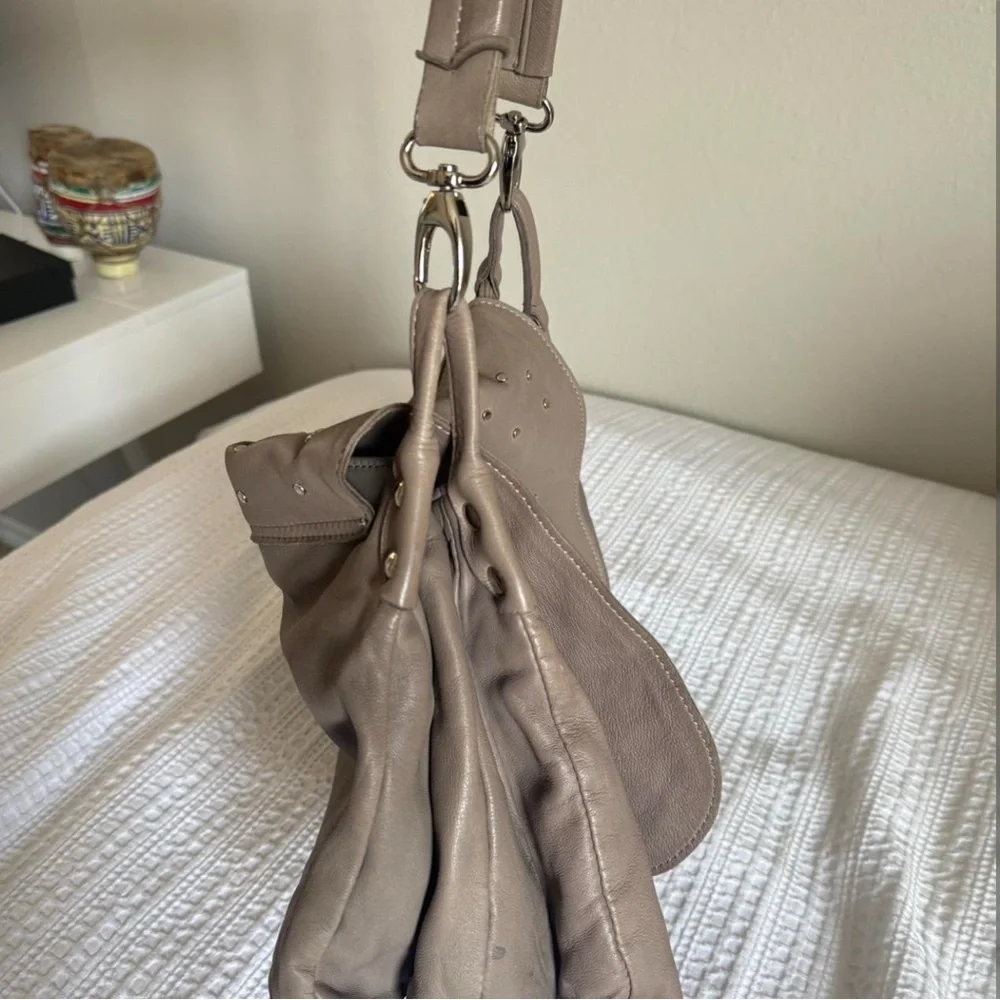 Tan Shoulder Bag with Perforated Design and Braided Strap - Picture 2 of 4